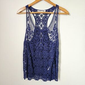 EUC LAUREN CONRAD BLUE CROCHET RACERBACK TANK TOP SIZE M